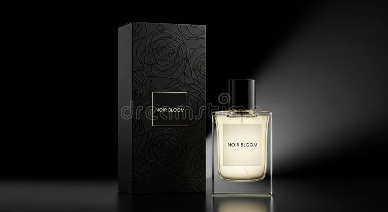 Sleek Minimalist Noir Bloom Perfume Bottle and Matte Black Gift Box Luxury Studio Product Photography royalty free illustration