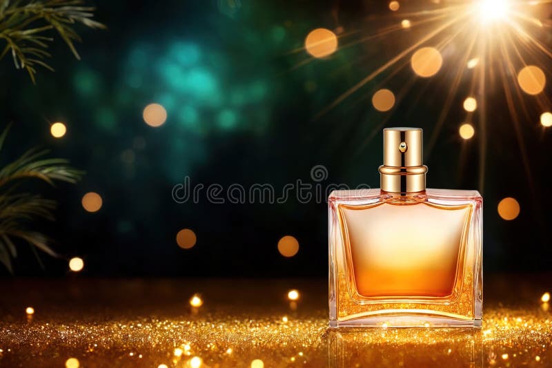 Luxury perfume, cosmetic premium glass bottle. Banner, poster for beauty promotion of elegant golden sparkle glittering light