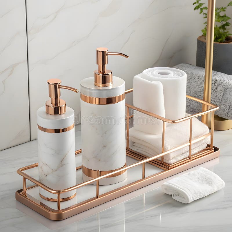 Elegant Bathroom Accessories Rose Gold Marble Design Stock Image