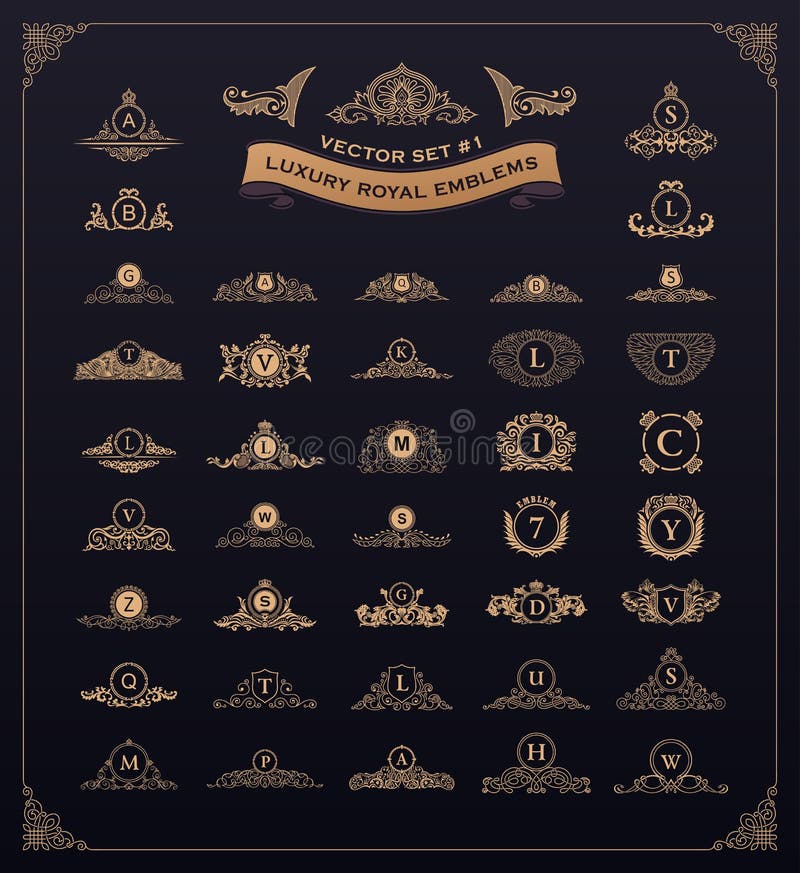 Luxury royal logo set. Crest, emblem, heraldic monogram. Vintage flourishes elements