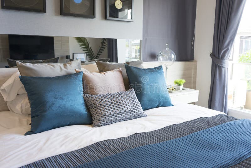Luxury Set of Blue and Gray Pillows on Bed Stock Image Image of