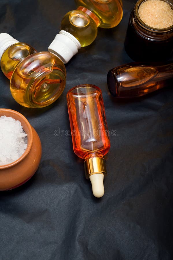 Luxury Set of Spa Products with Accessoires on Black Background Stock