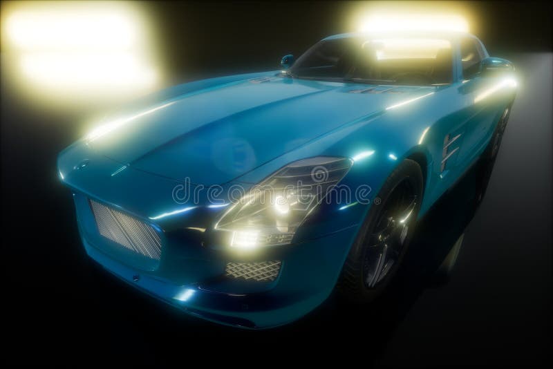 Luxury Sport Car in Dark Studio with Bright Lights Stock Photo Image