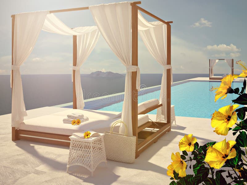 Luxury swimming pool in summer. 3d rendering. Luxury swimming pool in summer. 3d rendering