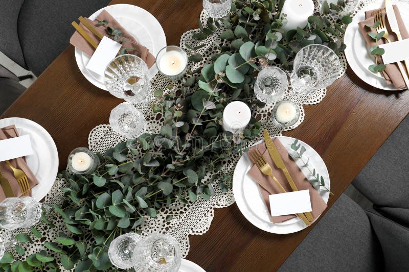 Luxury Table Setting with Beautiful Decor and Blank Cards, Flat Lay ...