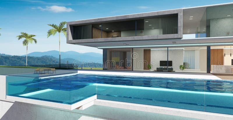 Luxury villa exterior design with beautiful infinity pool royalty free illustration