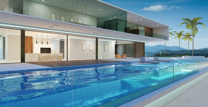 Luxury villa exterior design with beautiful infinity pool stock illustration