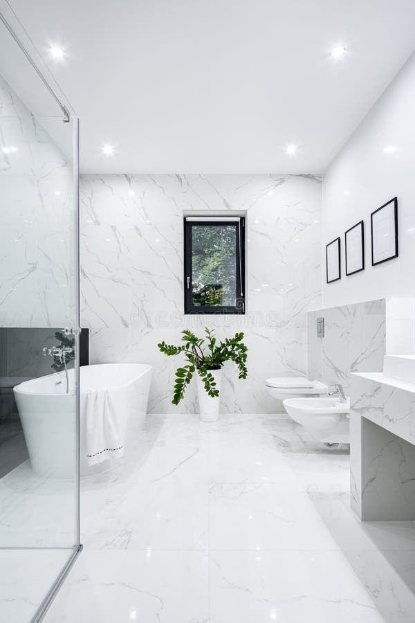 Luxury White Bathroom in Marble Stock Photo Image of sink, tiles