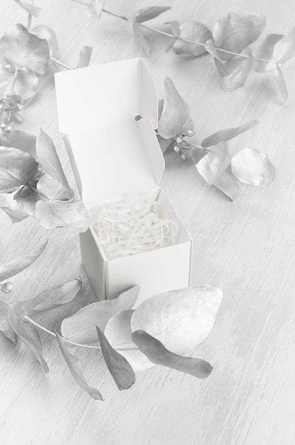 Download Luxury White Blank Open Square Gift Box With Filler Mock Up On Wood Board With Silver Branch ...