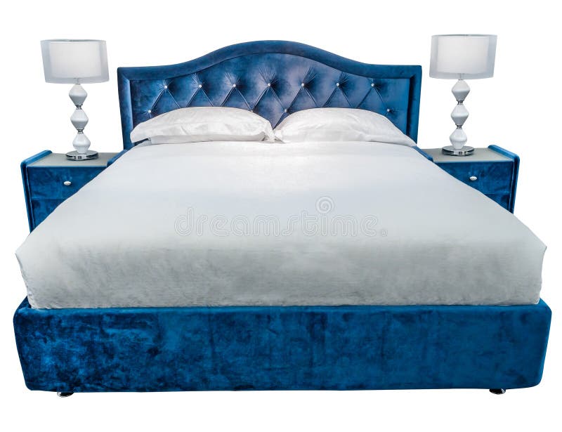 Luxury white blue modern bed furniture with two night lamps on the bedside tables, with patterned cover, with velour stock photography Luxury white blue modern bed furniture with two night lamps on the bedside tables, with patterned cover, with velour stock photography
