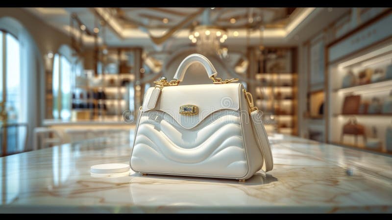 Afișaj cu geantă de mână albă de lux, în aer generativ boutique stock illustration