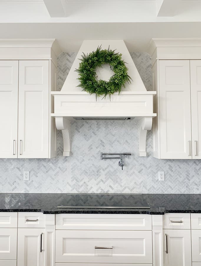 Luxury white kitchen marble herringbone backsplash