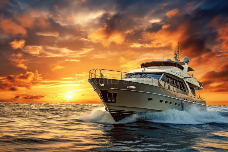 Luxury yacht in the sea at sunset. 3d render, Yacht cruising at sunset, royalty free illustration.