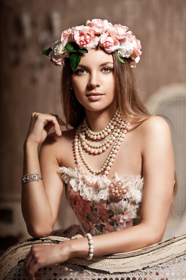 Luxury young smiling beauty woman in vintage dress in expensive