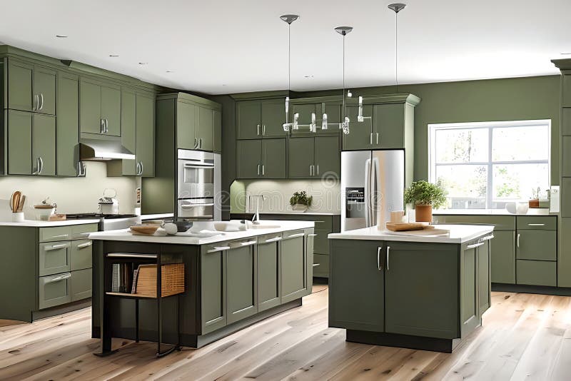 Luxus kreative Küche Idee Wandfarbe Farbe Olive stock abbildung