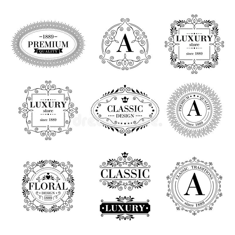 Luxury logo template glamour calligraphic monogram ornament labels set. Good for restaurant royalty boutique hotel heraldic jewelry fashion. Vector illustration. Luxury logo template glamour calligraphic monogram ornament labels set. Good for restaurant royalty boutique hotel heraldic jewelry fashion. Vector illustration.