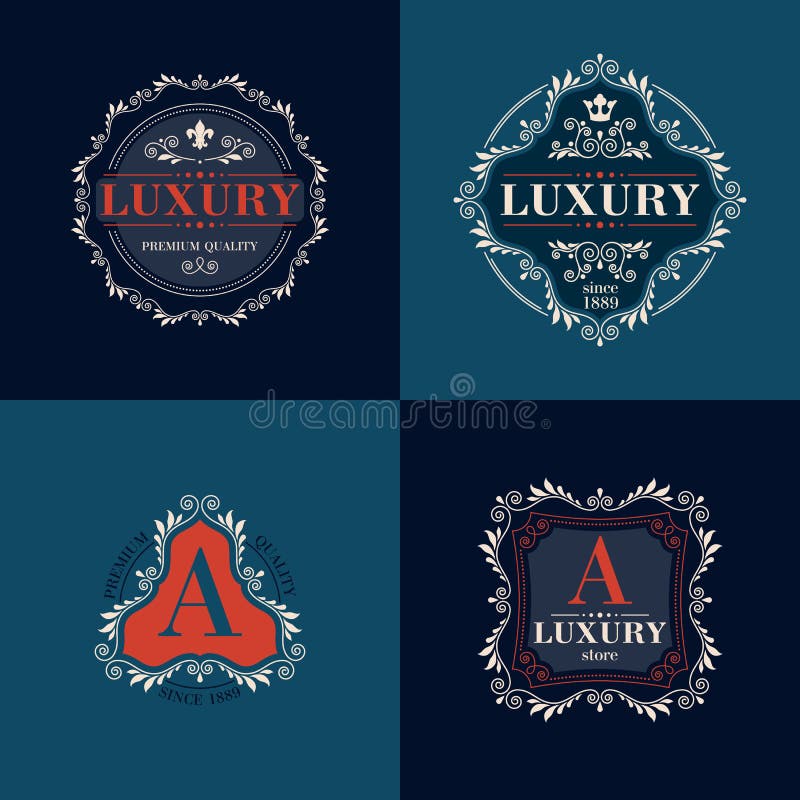 Luxury logo template glamour calligraphic monogram ornament colorful labels set. Good for restaurant store shop boutique hotel heraldic jewelry fashion. Vector illustration. Luxury logo template glamour calligraphic monogram ornament colorful labels set. Good for restaurant store shop boutique hotel heraldic jewelry fashion. Vector illustration.