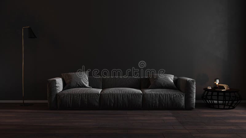 Luxuys mörka vardagsrum inåt med grå sofa-mock upp modern, tom, svart vägg 3d-illustration stock illustrationer