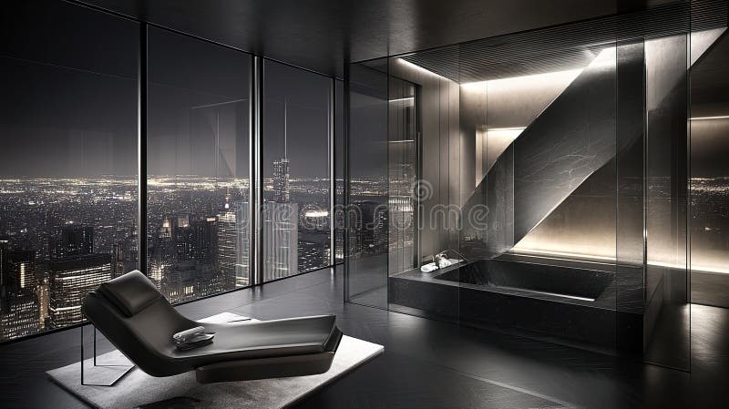 Luxys penthouse-badrumsbadrum: Lättnader i nattetid arkivbilder