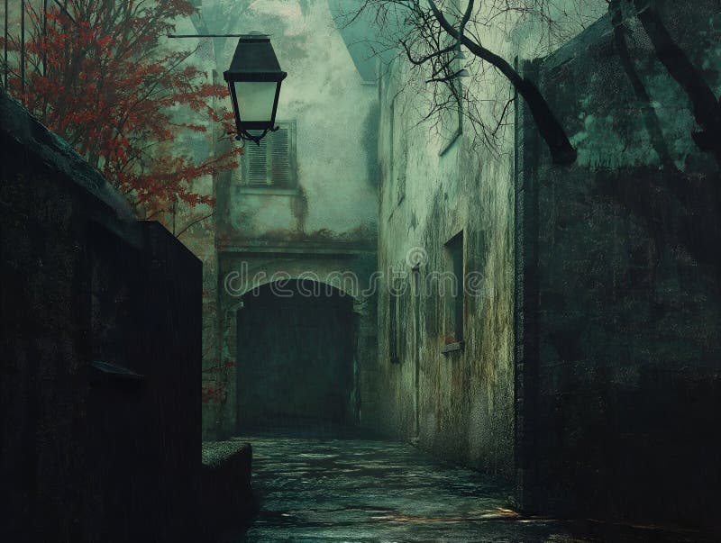 Luz atmosférica de callejón oscuro misteriosa escena urbana stock de ilustración