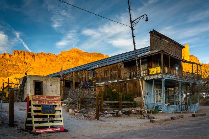 Evening light on a building and mountains in Oatman, Arizona. Evening light on a building and mountains in Oatman, Arizona