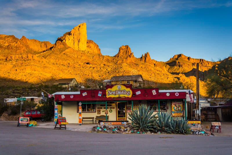 Evening light on a shop and mountains in Oatman, Arizona. Evening light on a shop and mountains in Oatman, Arizona