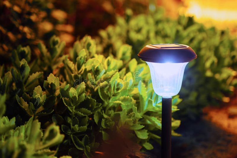 Luz pequena do jardim, lanternas na cama de flor Solar decorativo posto imagem de stock Luz pequena do jardim, lanternas na cama de flor Solar decorativo posto imagem de stock