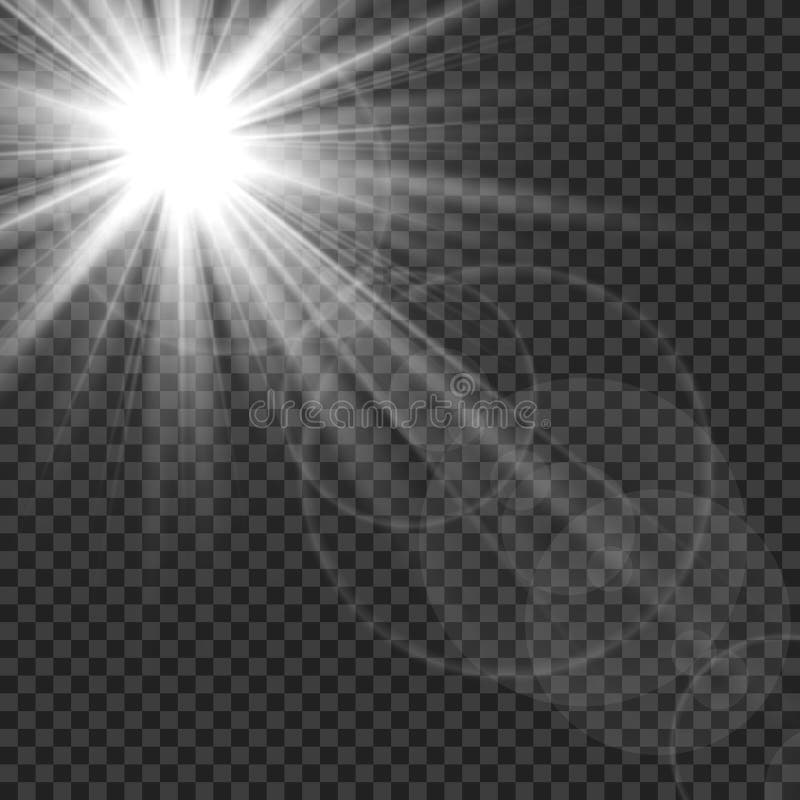 Luz solar isolada Sun irradia o brilho claro do alargamento da lente Ilustração transparente branca do vetor do starburst da luz ilustração royalty free Luz solar isolada Sun irradia o brilho claro do alargamento da lente Ilustração transparente branca do vetor do starburst da luz ilustração royalty free