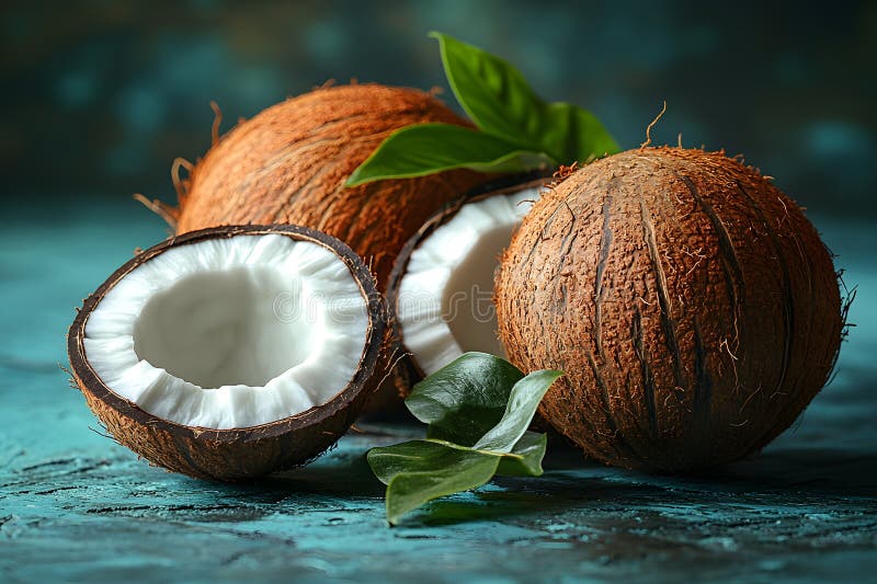 Luz tropical con cocos frescos y hojas verdes para inspiración culinaria IA generativa libre illustration