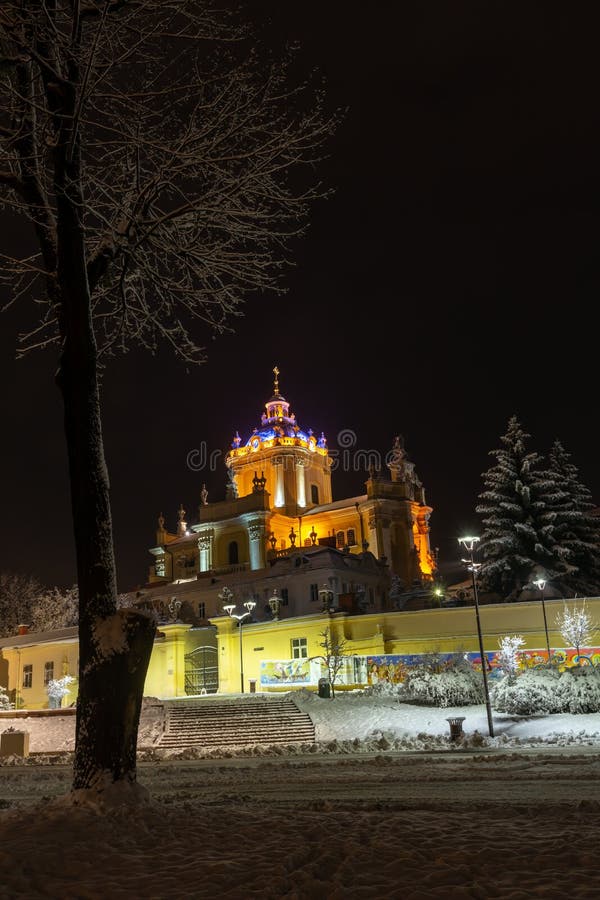 Night winter St. George Cathedral in Lviv, Ukraine