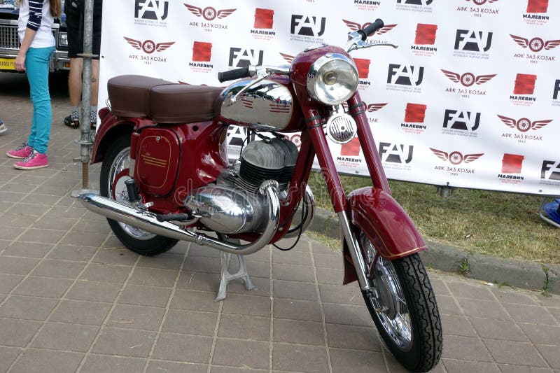 Lviv, Ukraine - June 6, 2017 Classic Red Motorcycle JAVA on Display at a Local Event Showcasing Vintage Vehicles and Community royalty free stock photography