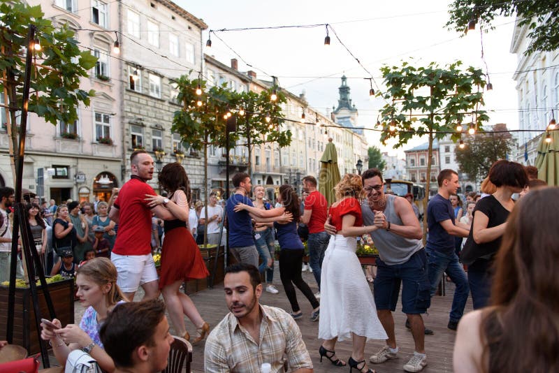 Lviv, Ukraine - June 9, 2018: Salsa Dancers In Outdoor ...