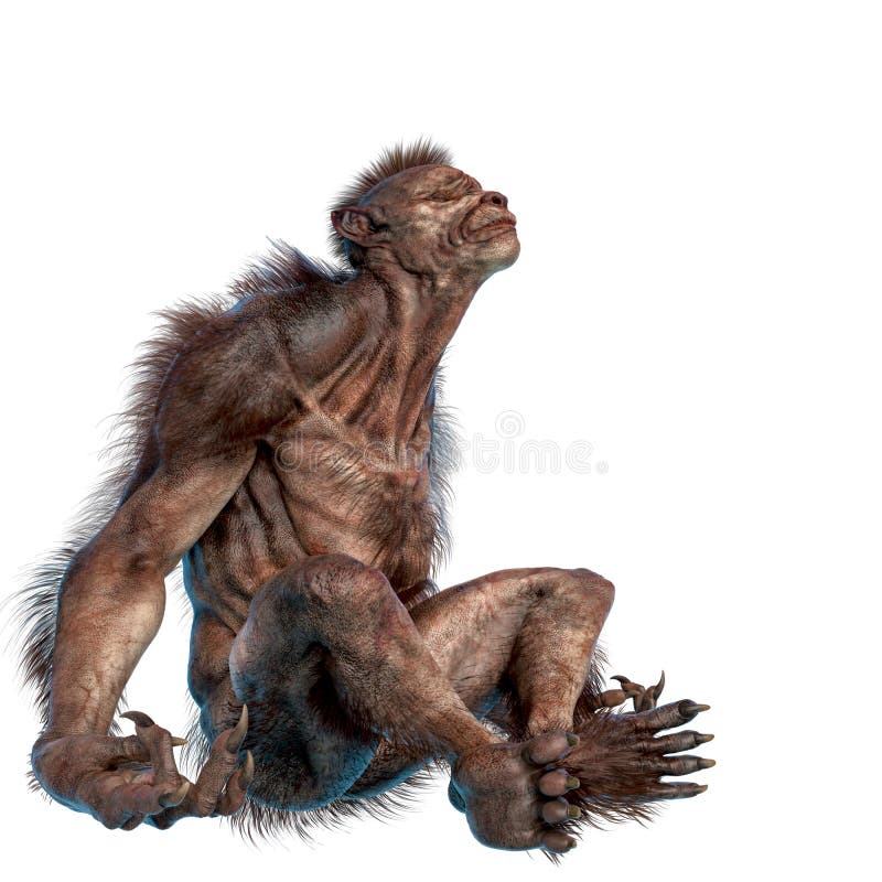 Lycan monster doing yoga in a white background. This werewolf in clipping path is very useful for graphic design creations, 3d illustration