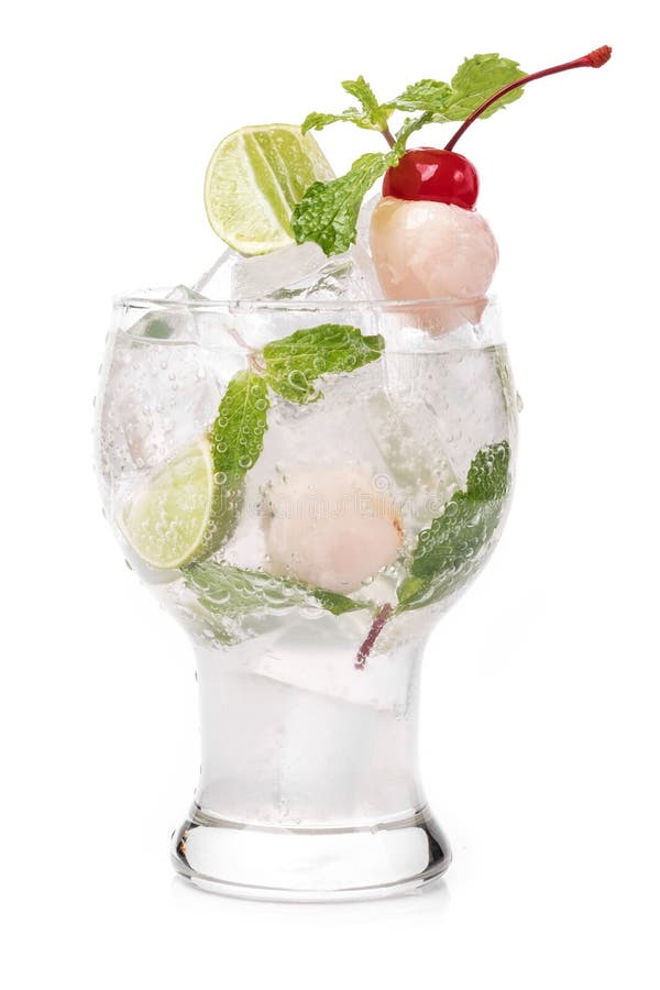 Lychee Cocktail with Mint Leaves, Lime and Cherry Decoration in White
