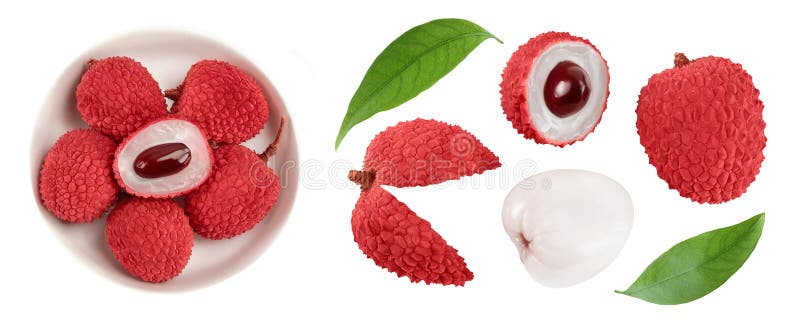 Lychee fruit in ceramic bowl isolated on white background with full depth of field. Top view. Flat lay royalty free stock photography
