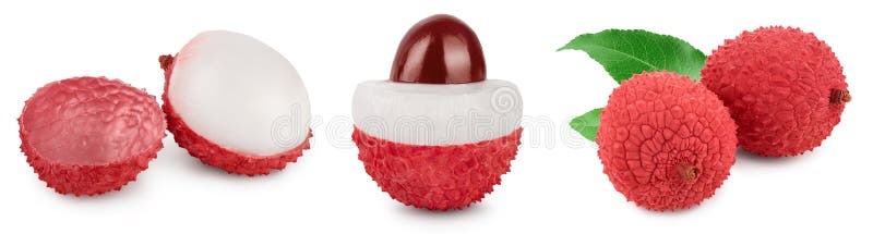 Lychee fruit isolated on white background with clipping path and full depth of field. Set or collection stock photography