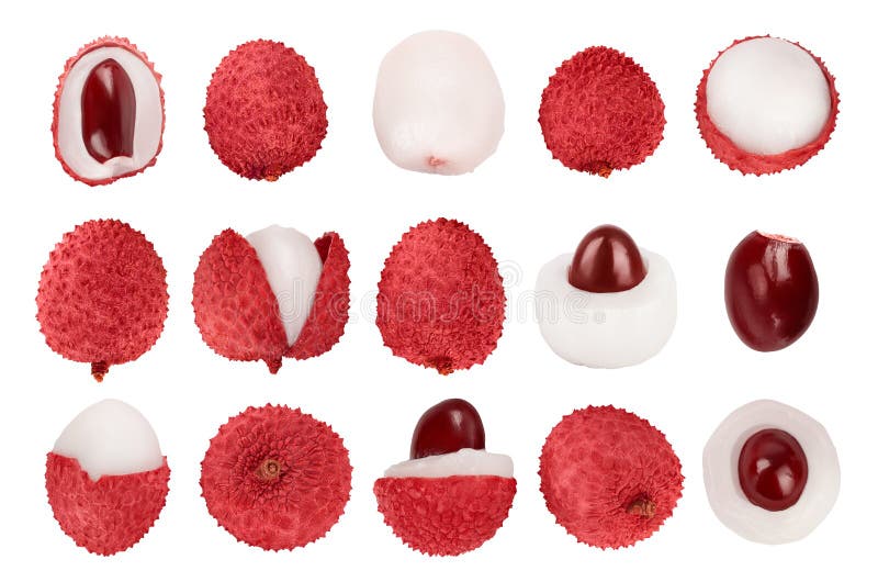 Lychee fruit isolated on white background with clipping path and full depth of field, Set or collection stock photos