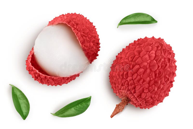 Lychee fruit isolated on white background with full depth of field. Top view. Flat lay royalty free stock photos