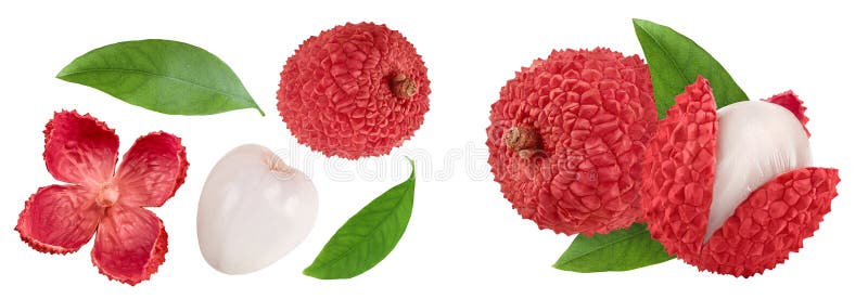 Lychee fruit isolated on white background with full depth of field. Top view. Flat lay royalty free stock photos