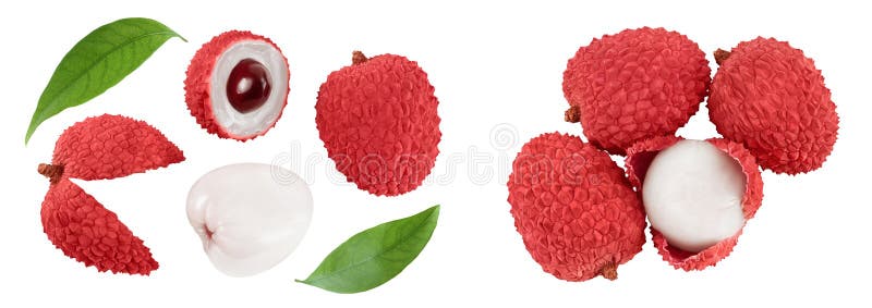 Lychee fruit isolated on white background with full depth of field. Top view. Flat lay stock image