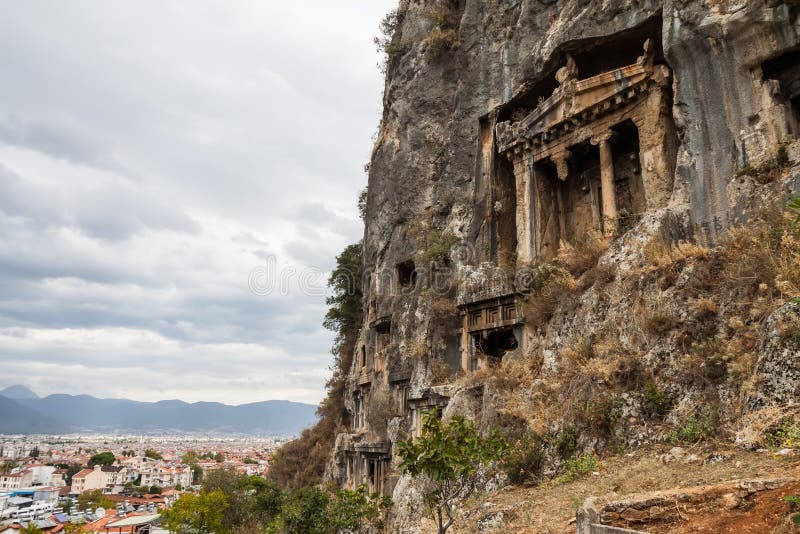 Lycian Rock Tombs - Fethiye, Turkey. Ancient Lycian Rock Tombs in Fethiye, Turkey royalty free stock images