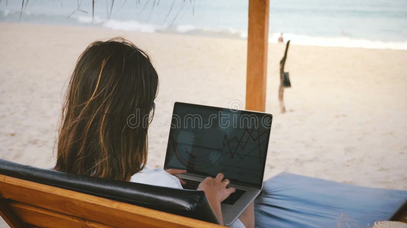 Lyckad vdaffärskvinna för tillbaka sikt som fokuseras på finansiella diagram för bärbar dator i vardagsrumstol på den exotiska ha