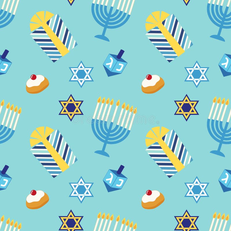 Lycklig Chanukkah för gullig festlig sömlös modell i traditionella färger vektor illustrationer Lycklig Chanukkah för gullig festlig sömlös modell i traditionella färger vektor illustrationer