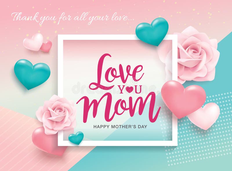 Happy Mother`s Day poster design with roses, 3D hearts and abstract background. Happy Mother`s Day poster design with roses, 3D hearts and abstract background