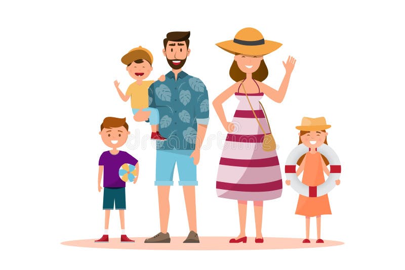 Lycklig familj Fader, moder, son och dotter samman med sommartur vektor illustrationer