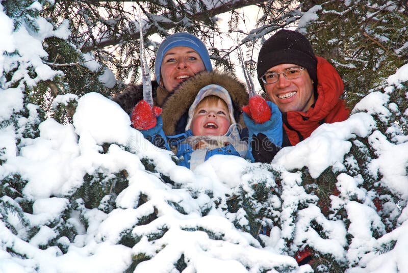 Lycklig familj i snögranträdet arkivbilder Lycklig familj i snögranträdet arkivbilder