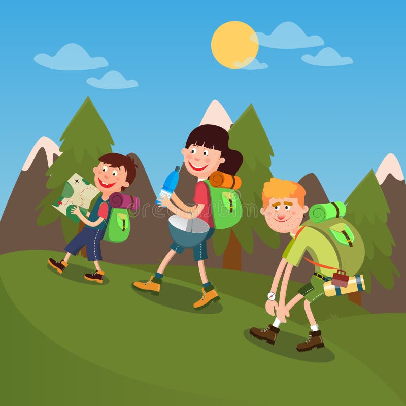 Lycklig familj som fotvandrar på bergen stock illustrationer Lycklig familj som fotvandrar på bergen stock illustrationer