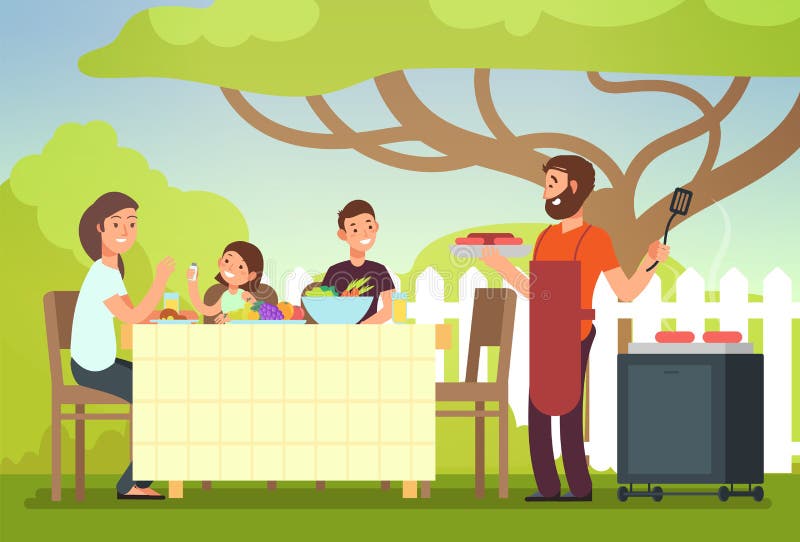 Happy family eating barbecue outdoor. Man, woman and kids cooking and grilling on summer holiday. Barbecue food, summer grill and bbq, picnic cooking illustration. Happy family eating barbecue outdoor. Man, woman and kids cooking and grilling on summer holiday. Barbecue food, summer grill and bbq, picnic cooking illustration