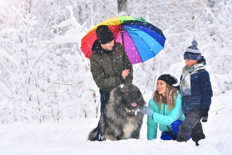 Lycklig familj utomhus Familj med husdjurhunden i en vinterskog royaltyfri bild