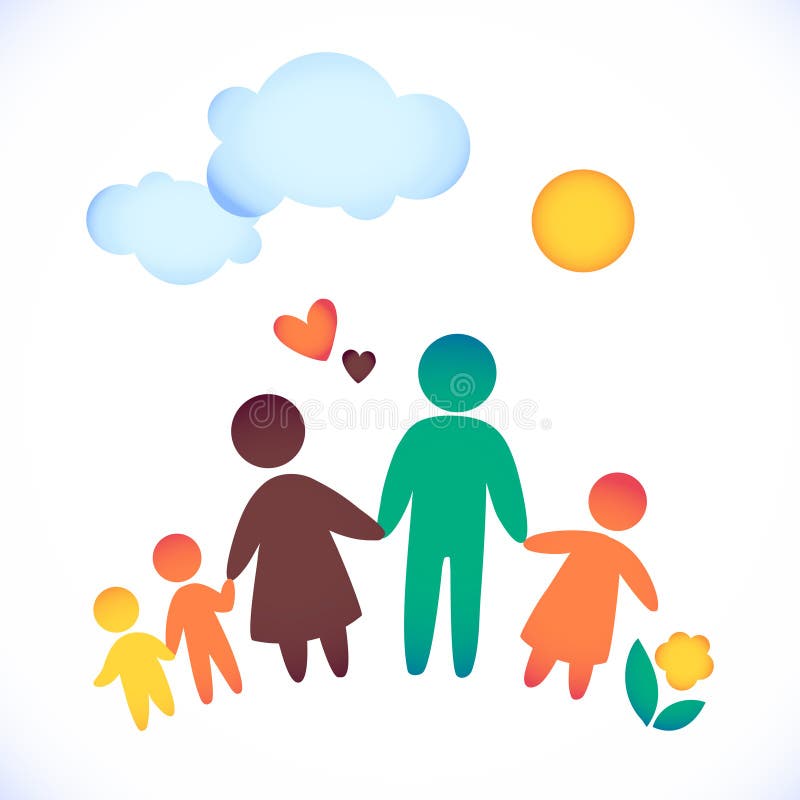 Happy family icon multicolored in simple figures. Three children, dad and mom stand together. Vector can be used as logotype. Happy family icon multicolored in simple figures. Three children, dad and mom stand together. Vector can be used as logotype